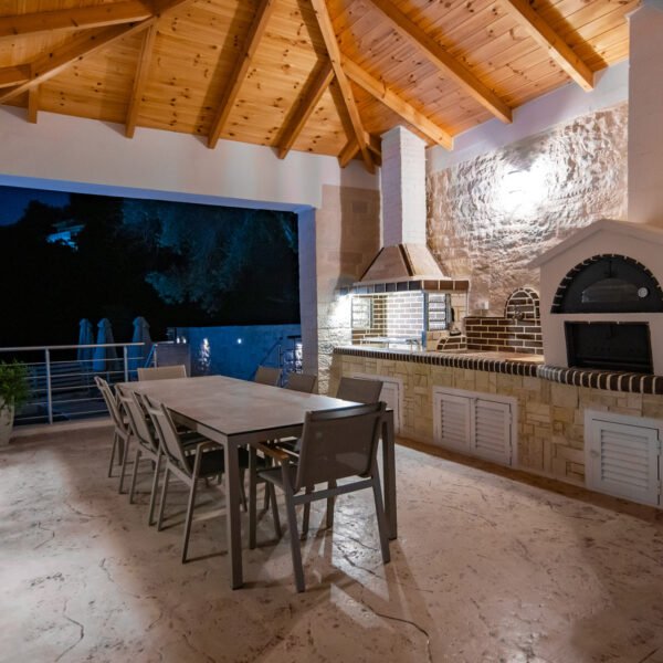 Outdoor kitchen area, night view