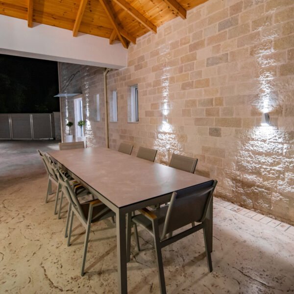 Outdoor kitchen area, night view